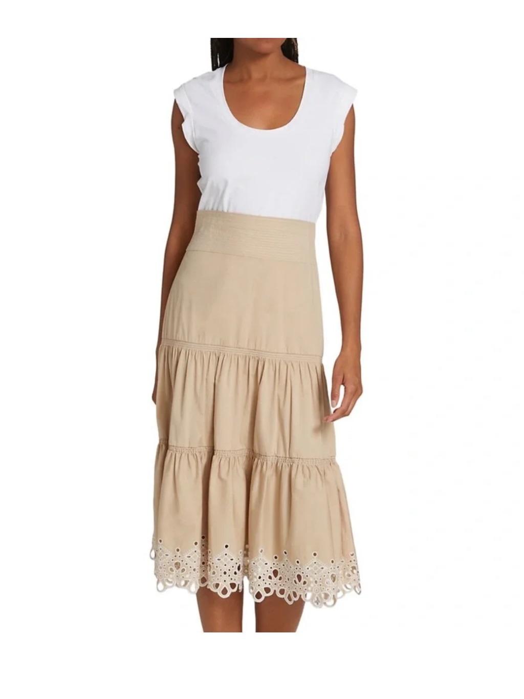 Veronica Beard Beige Tiered Maxi Skirt With Eyelet Hem